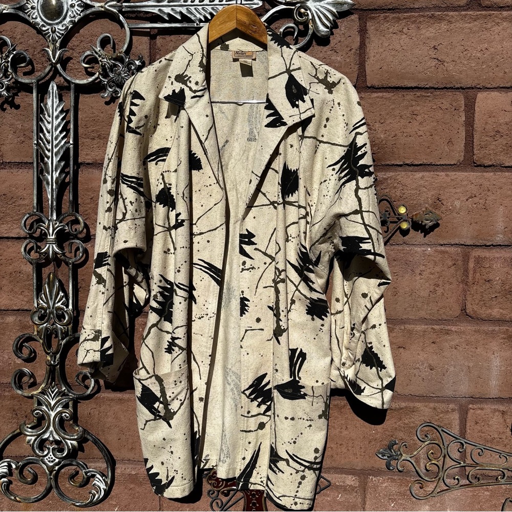 Vintage George Georgiou Coat Silk Beige Black Open Front Artsy Medium Cyprus